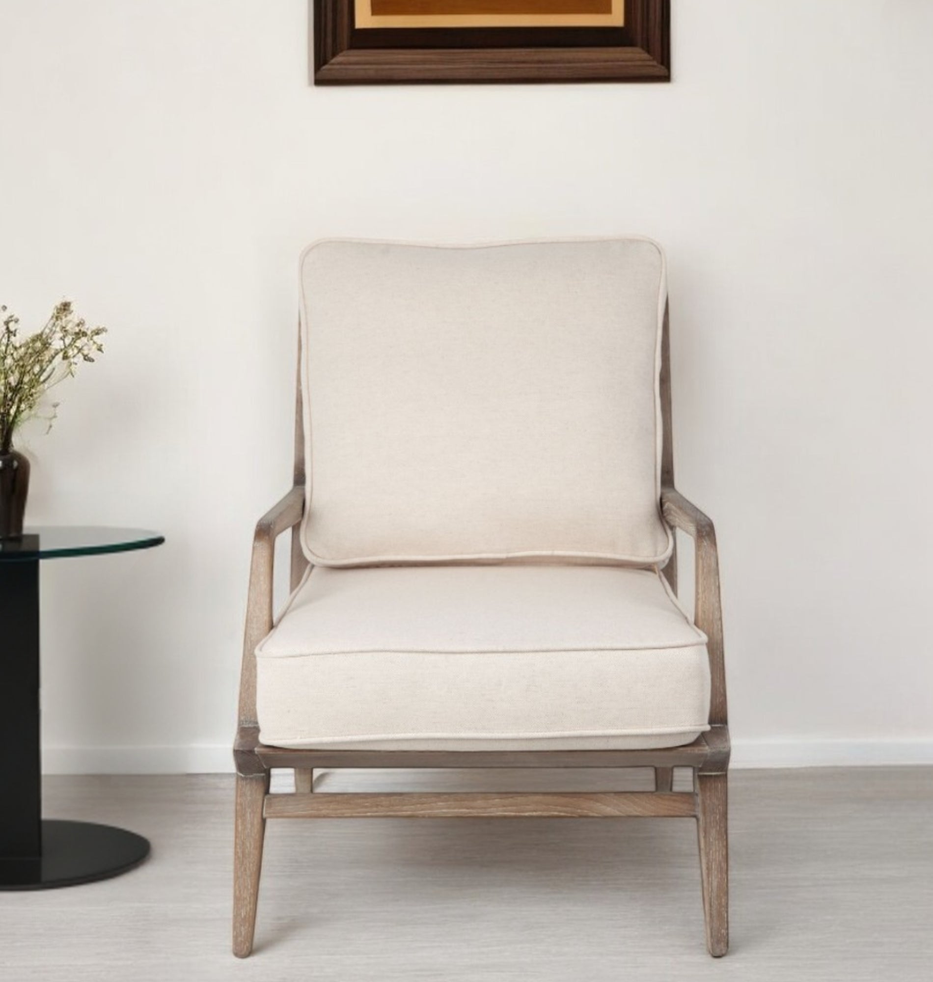 24" Ivory And Wood Brown Fabric Arm Chair