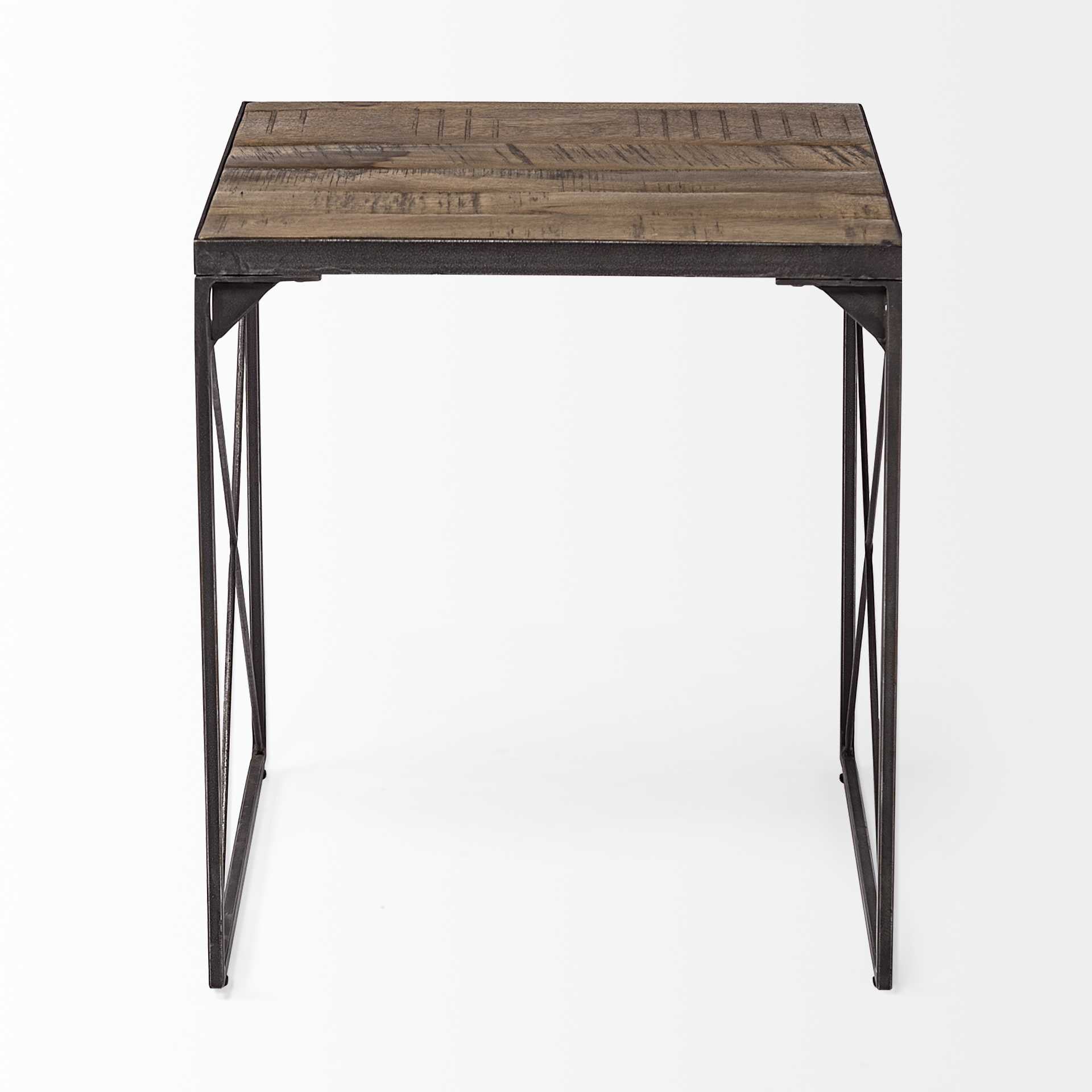 Medium Brown Wood Side Table With Square Top And Iron Cross Braced