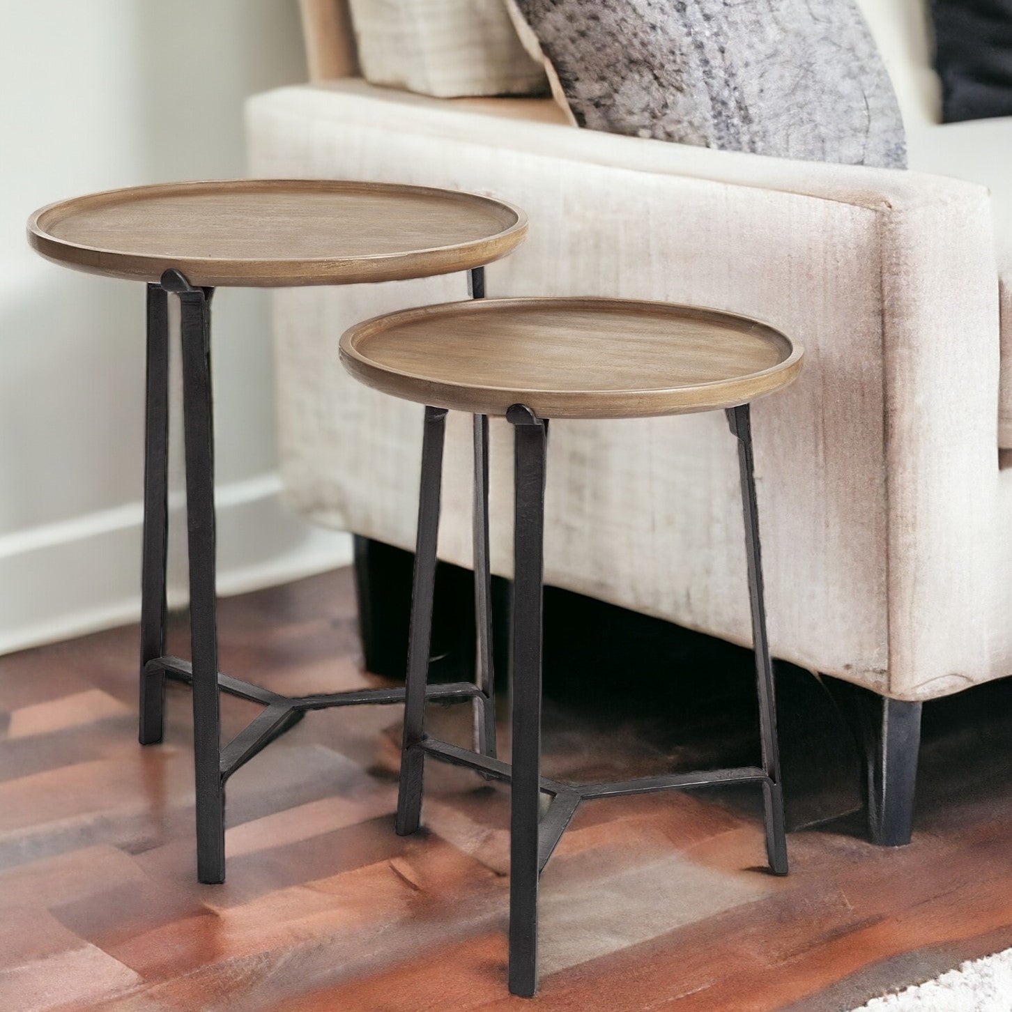 Set Of 2 Round Brown Solid Wood Iron Base Nesting Side Tables