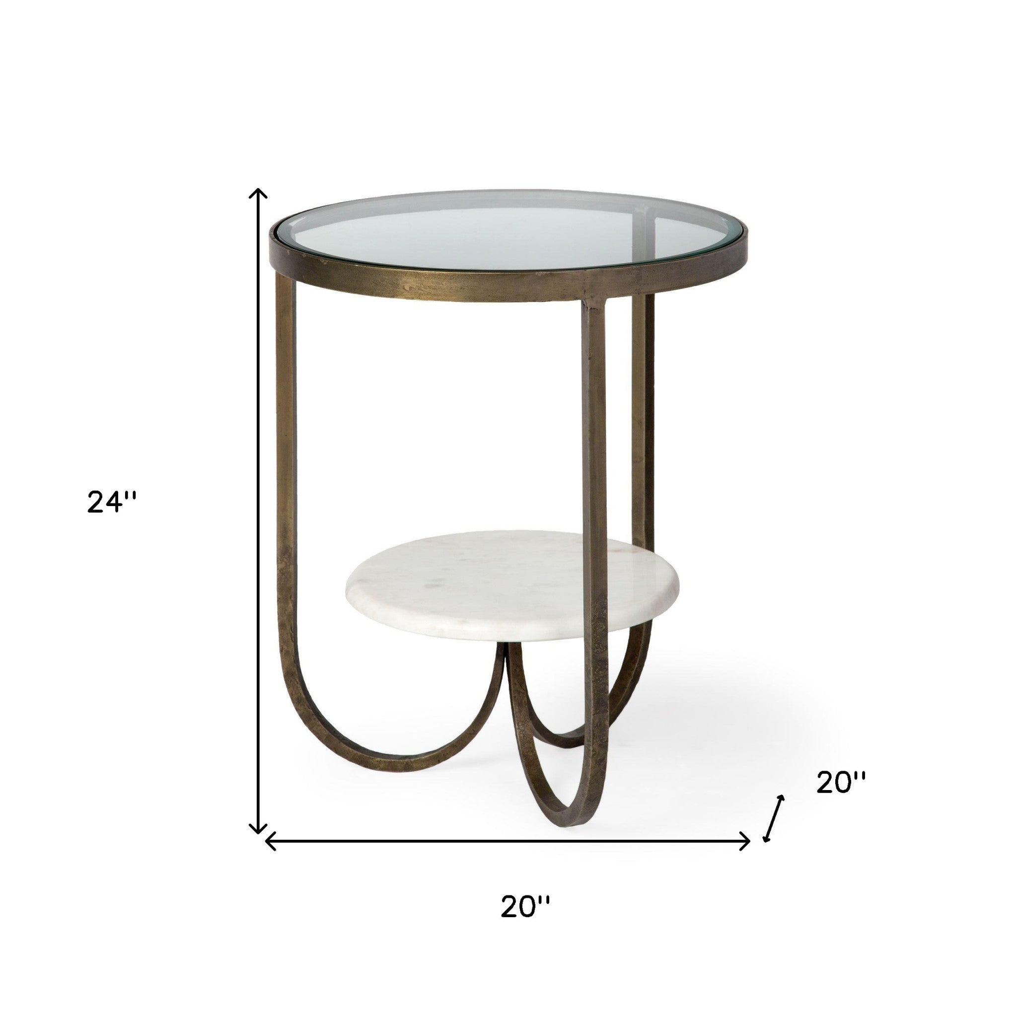 Round Glass Top Metal Side Table With Marble Shelf On Bottom