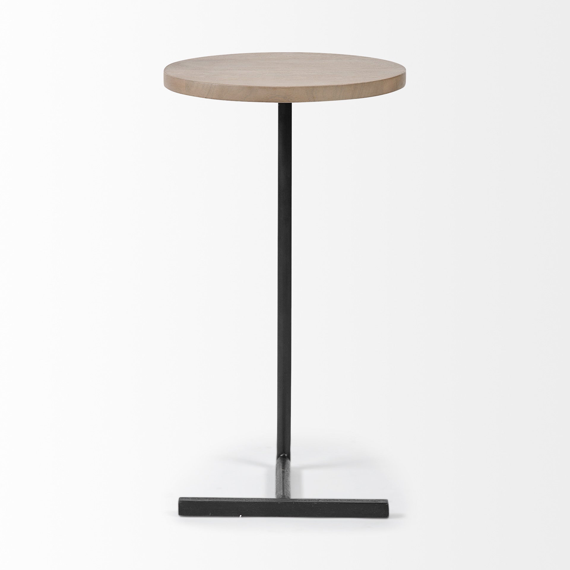 Brown Wood Round Top Accent Table With Black Iron Base