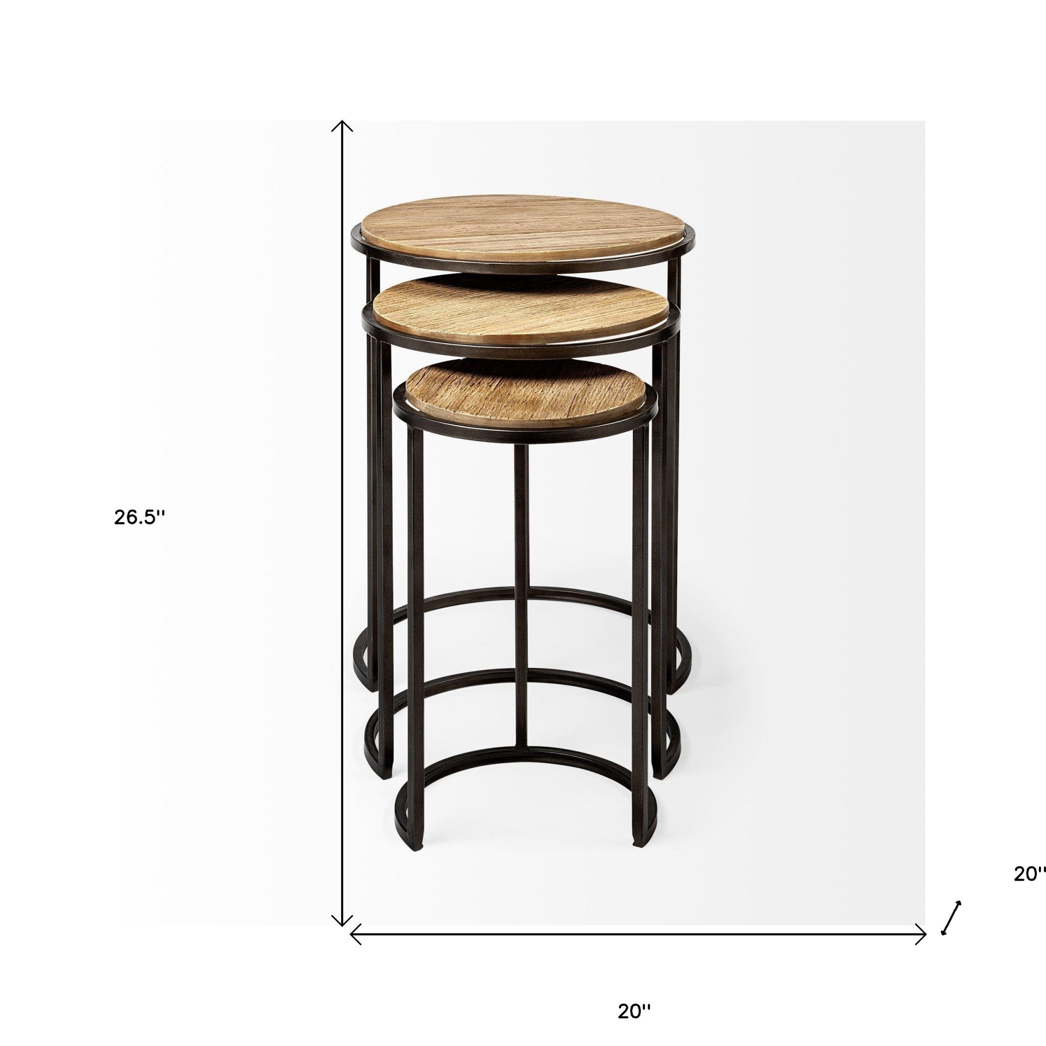 Set Of 3 Brown Wood Round Top Accent Tables With Iron Nesting