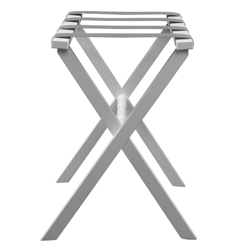 Hotel White Finish Wood Folding Luggage Rack With Gray Straps