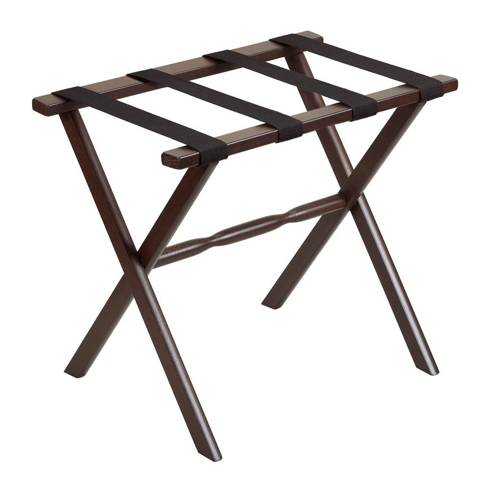 Hotel Dark Walnut Finish Wood Folding Luggage Rack With Black Straps