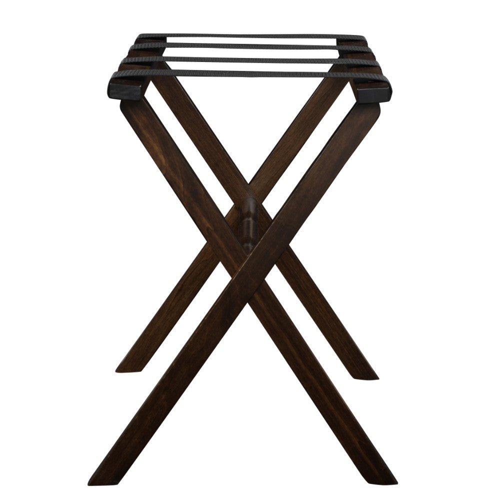 Hotel Dark Walnut Finish Wood Folding Luggage Rack With Black Straps