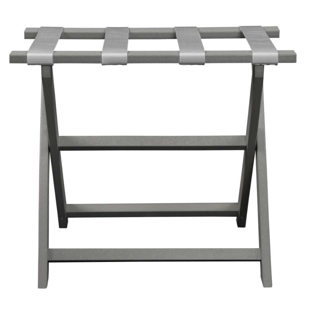 Earth Friendly Light Gray Folding Luggage Rack With White Straps