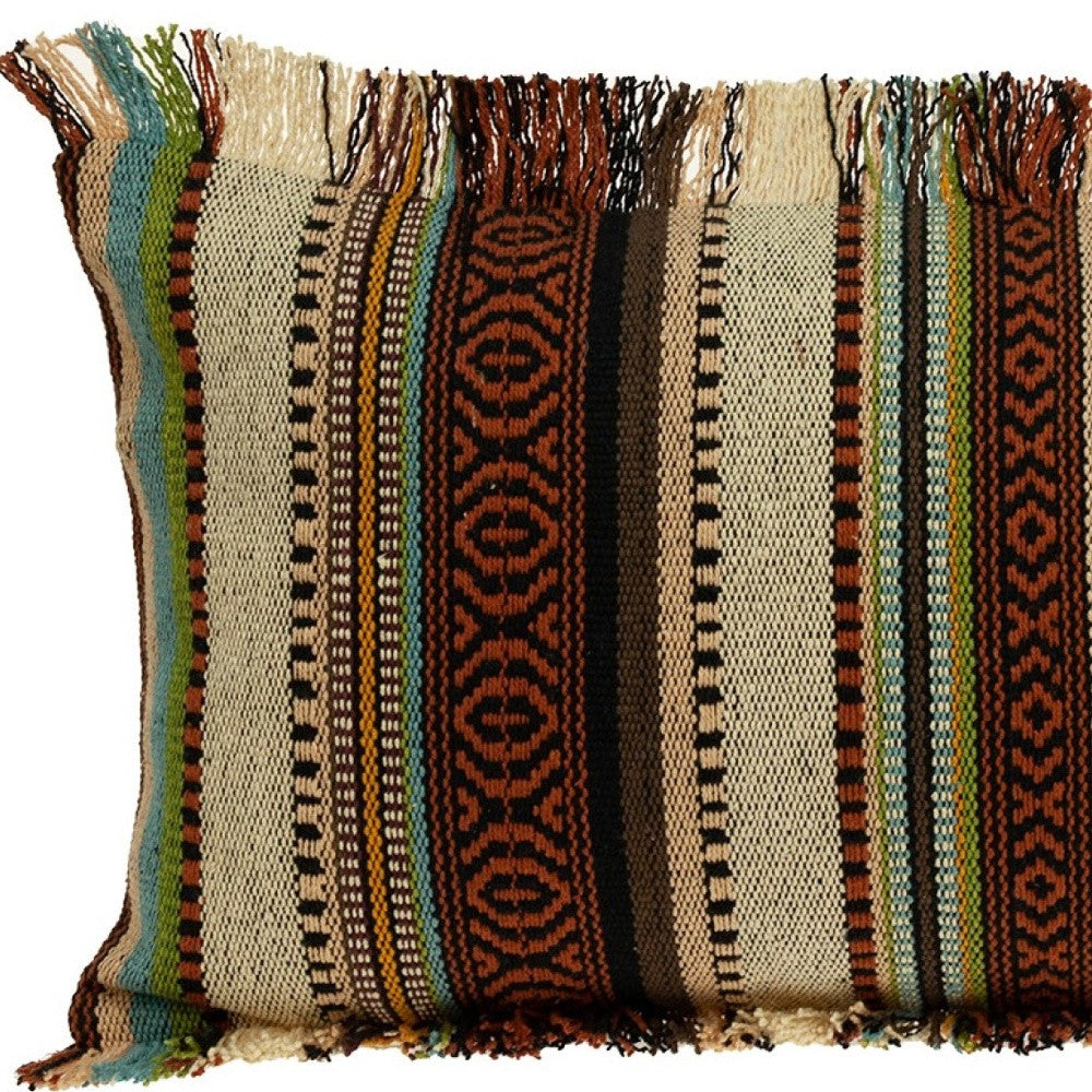 14" X 24" Brown and Beige Cotton Throw Pillow With Fringe