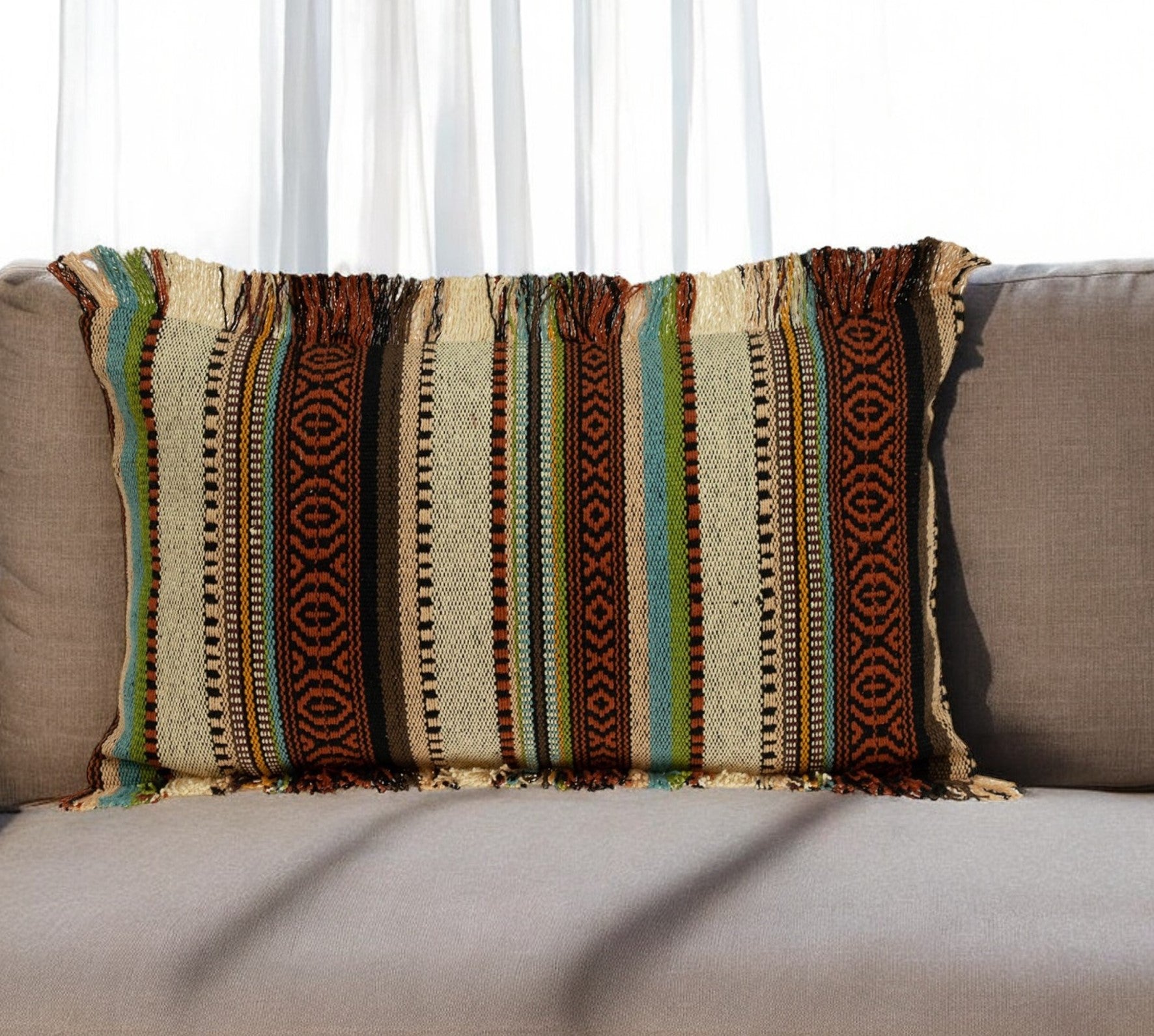 14" X 24" Brown and Beige Cotton Throw Pillow With Fringe