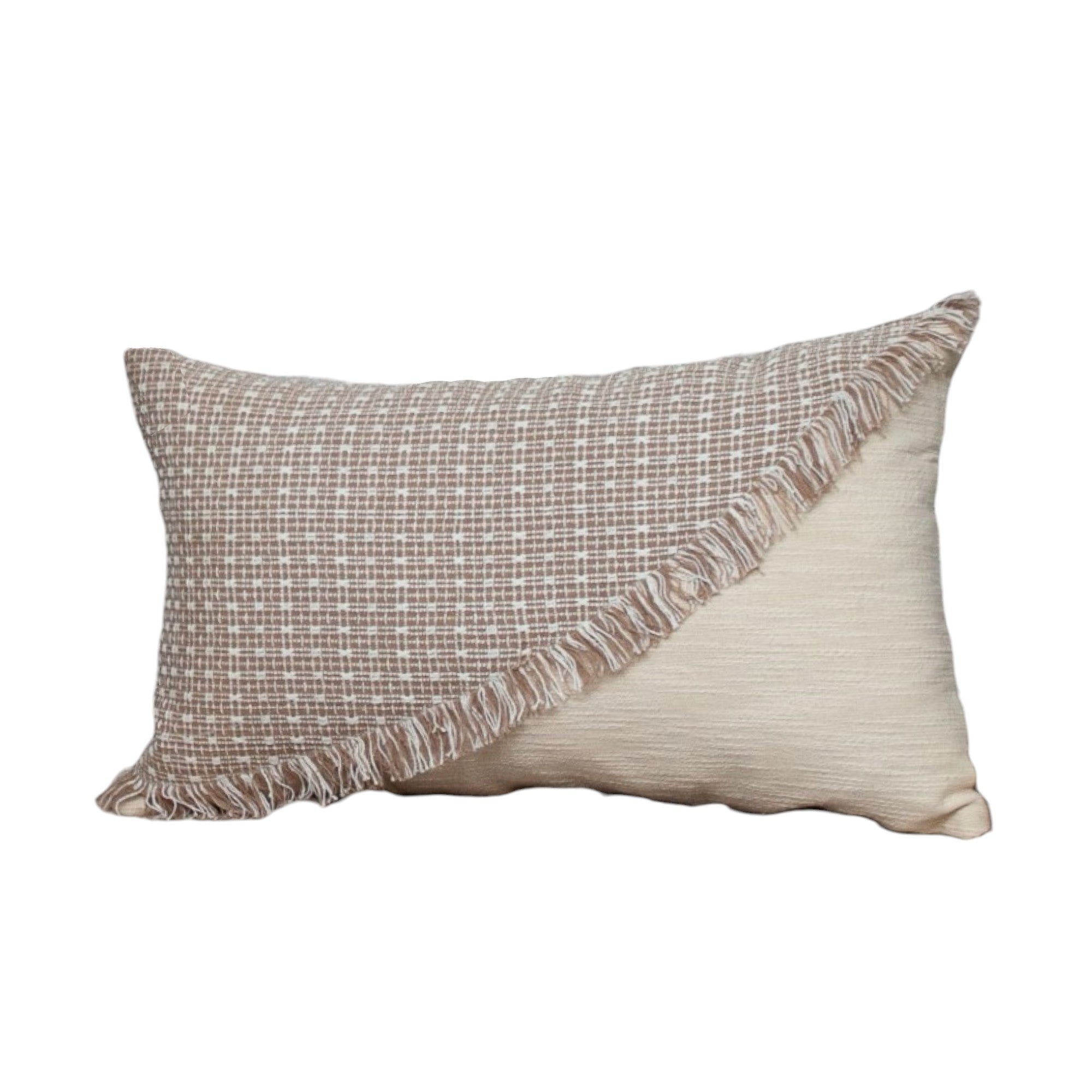 14" X 24" Beige Cotton Throw Pillow With Fringe