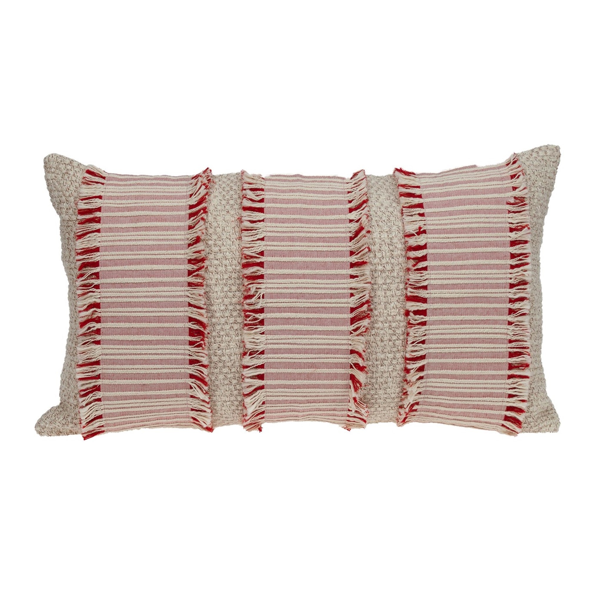 14" X 24" Beige Cotton Throw Pillow With Fringe