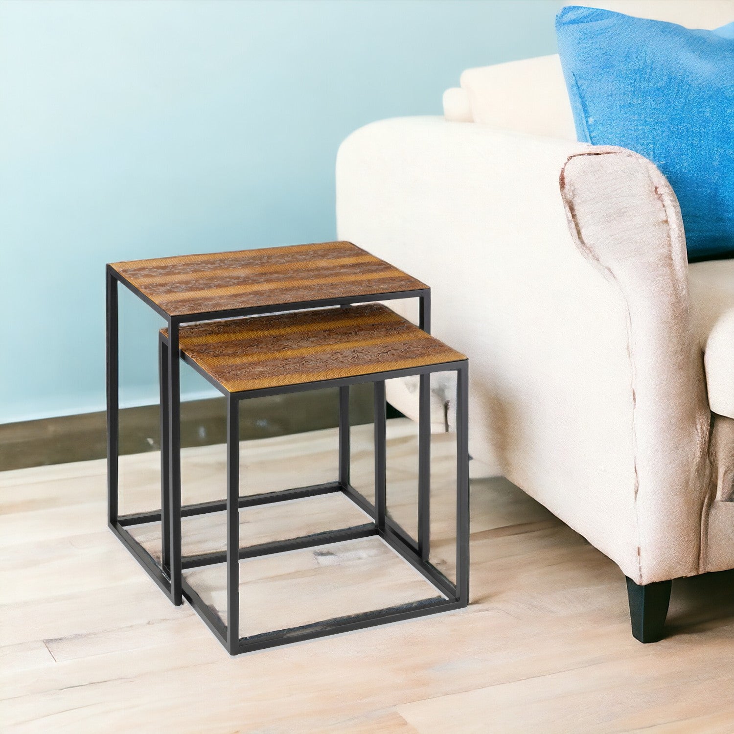Set Of 2 Rectangular Black Powder Coated Frame And Rattlesnake Faux Leather Top Nesting End Tables