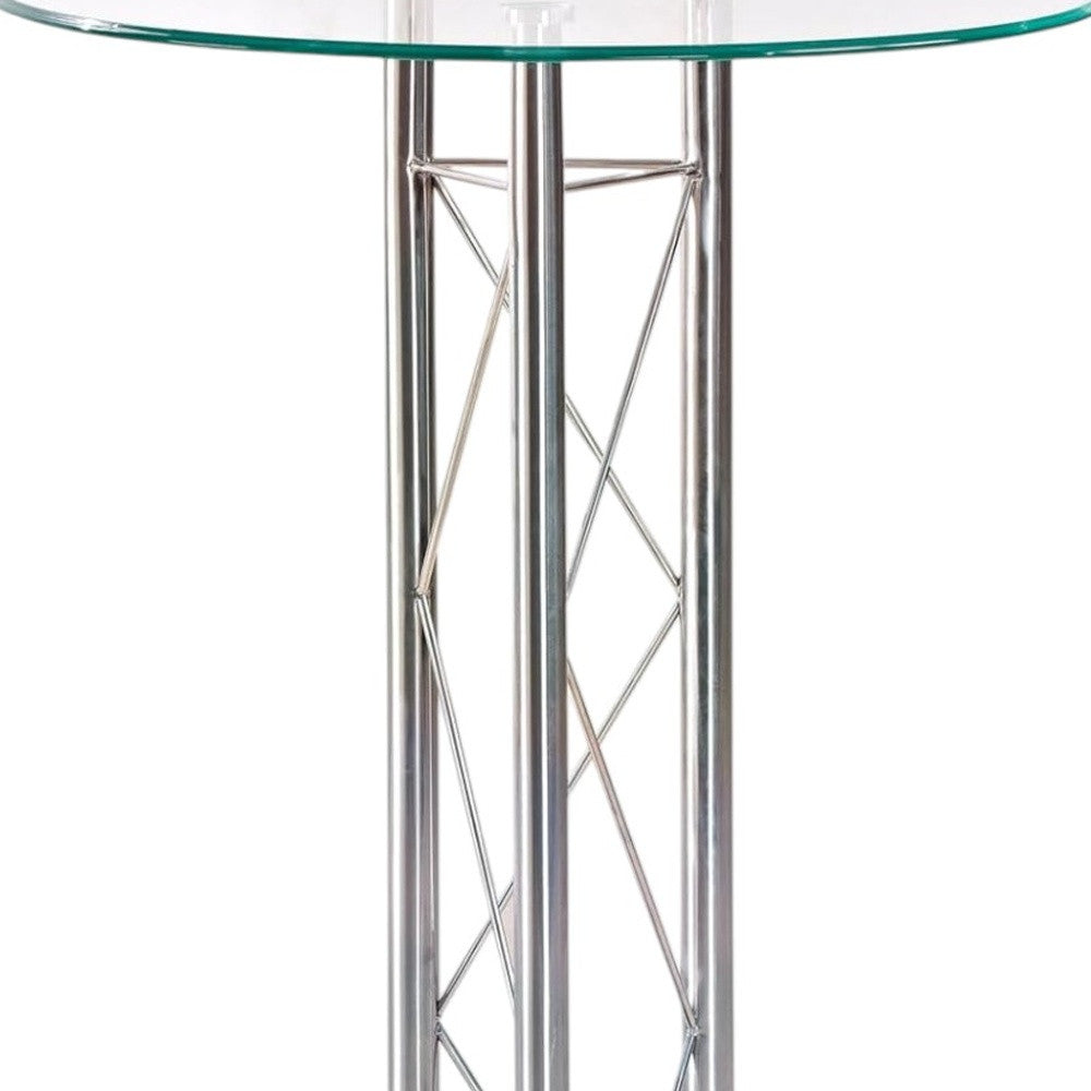 26" Clear Silver And Black Glass And Metal Round Bar Table