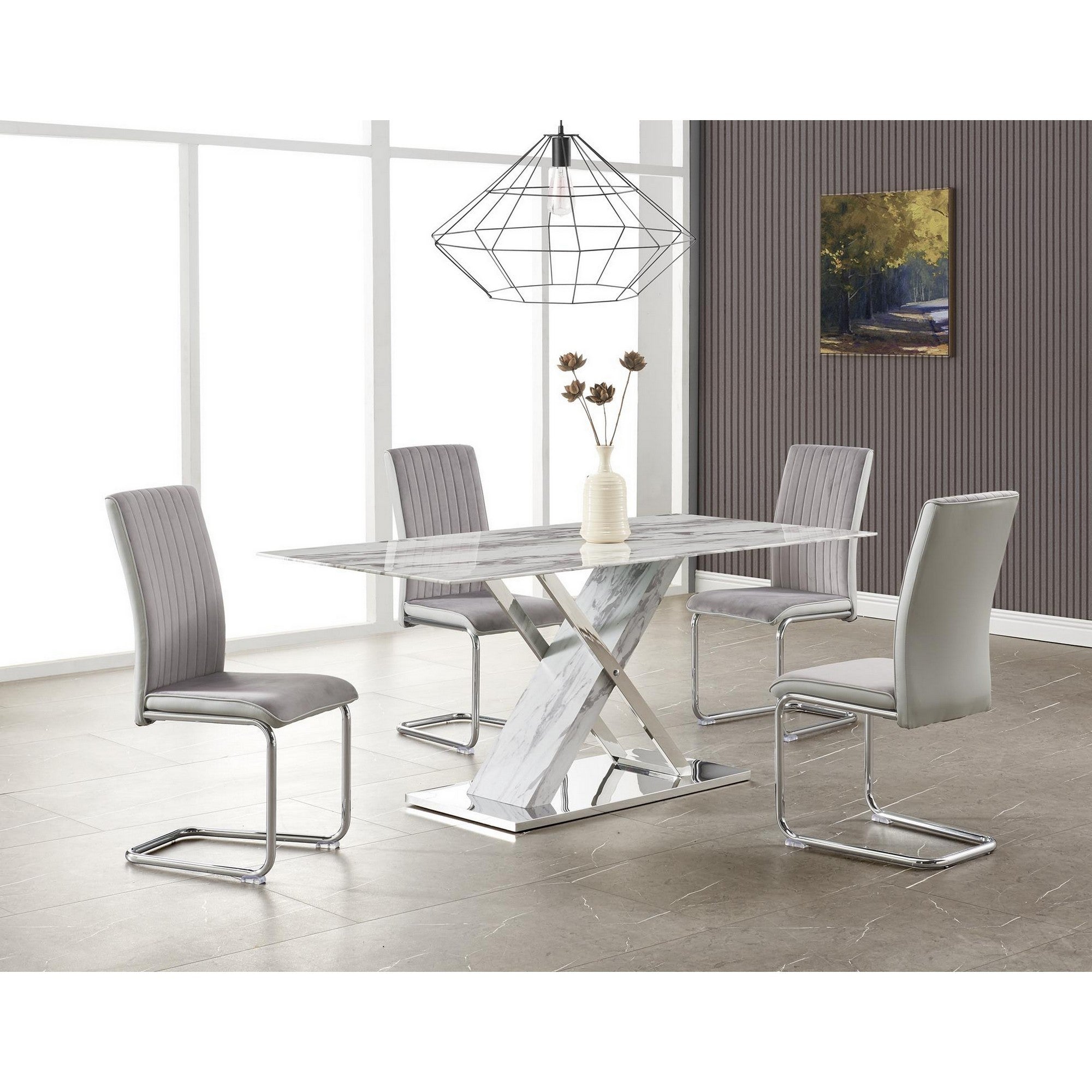 71" Gray and White And Silver Marble And Stainless Steel Pedestal Base Dining Table