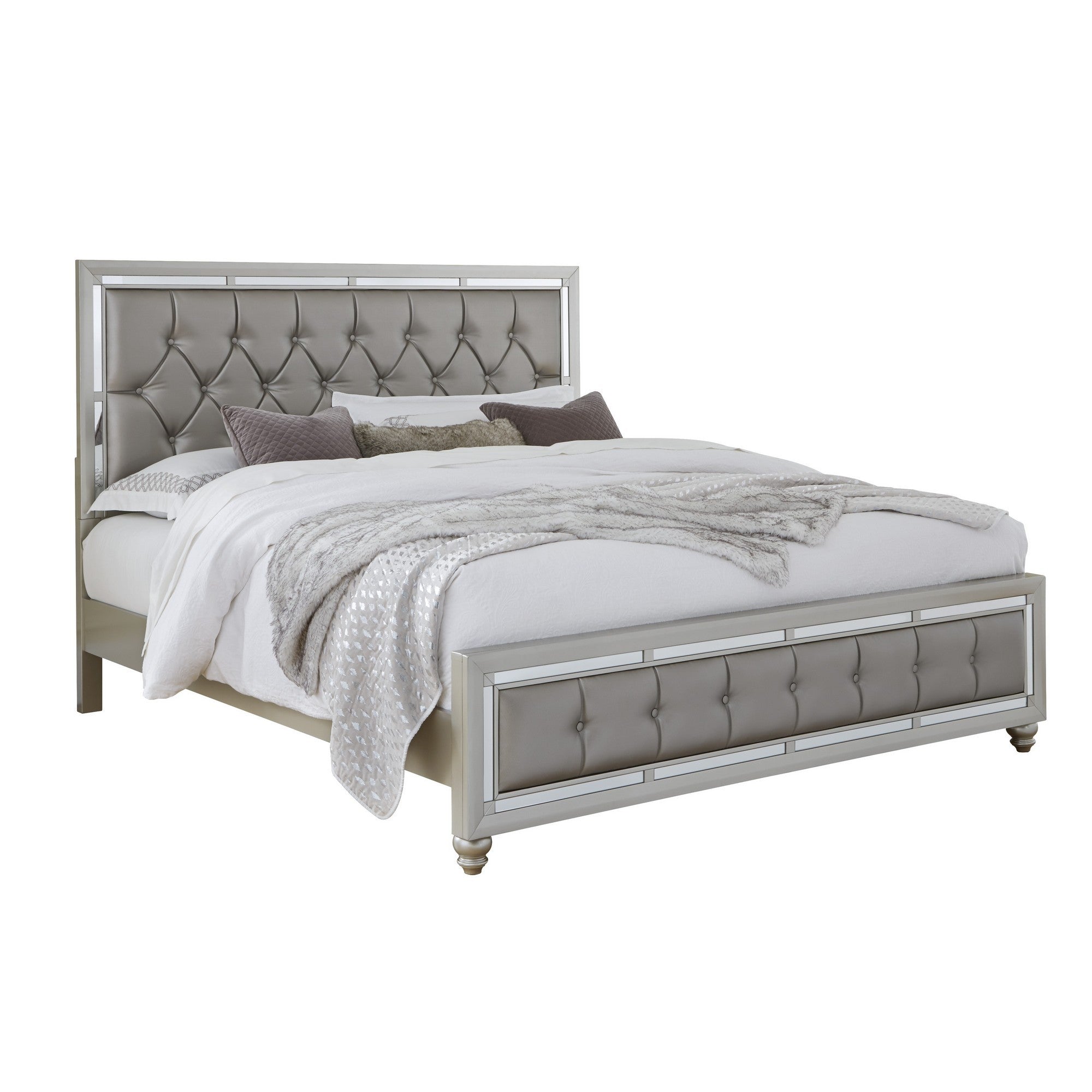 Solid Wood Full Tufted Silver Upholstered Linenno Bed With Nailhead Trim