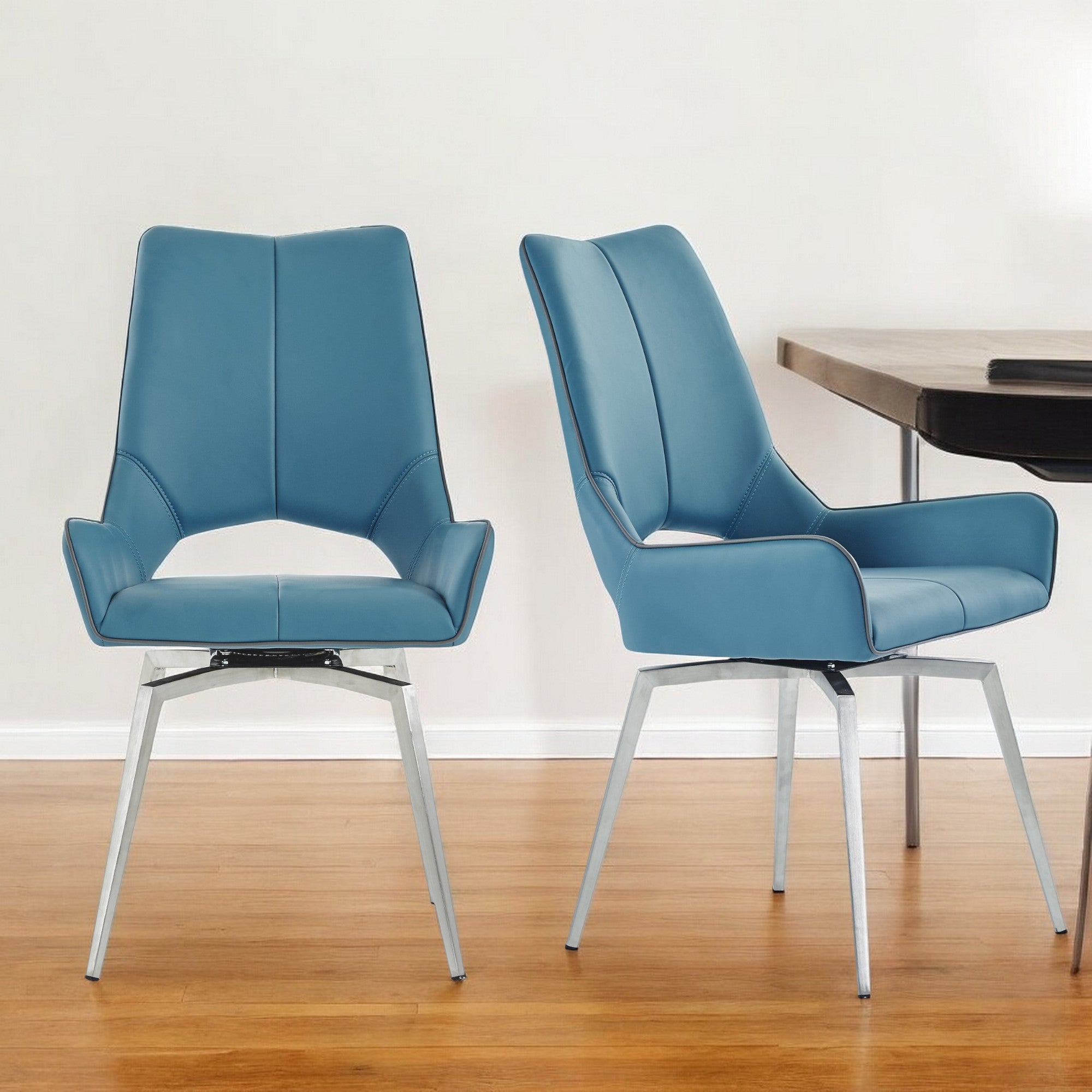 Set of Two Turquoise And Silver Upholstered Faux Leather Dining Side Chairs