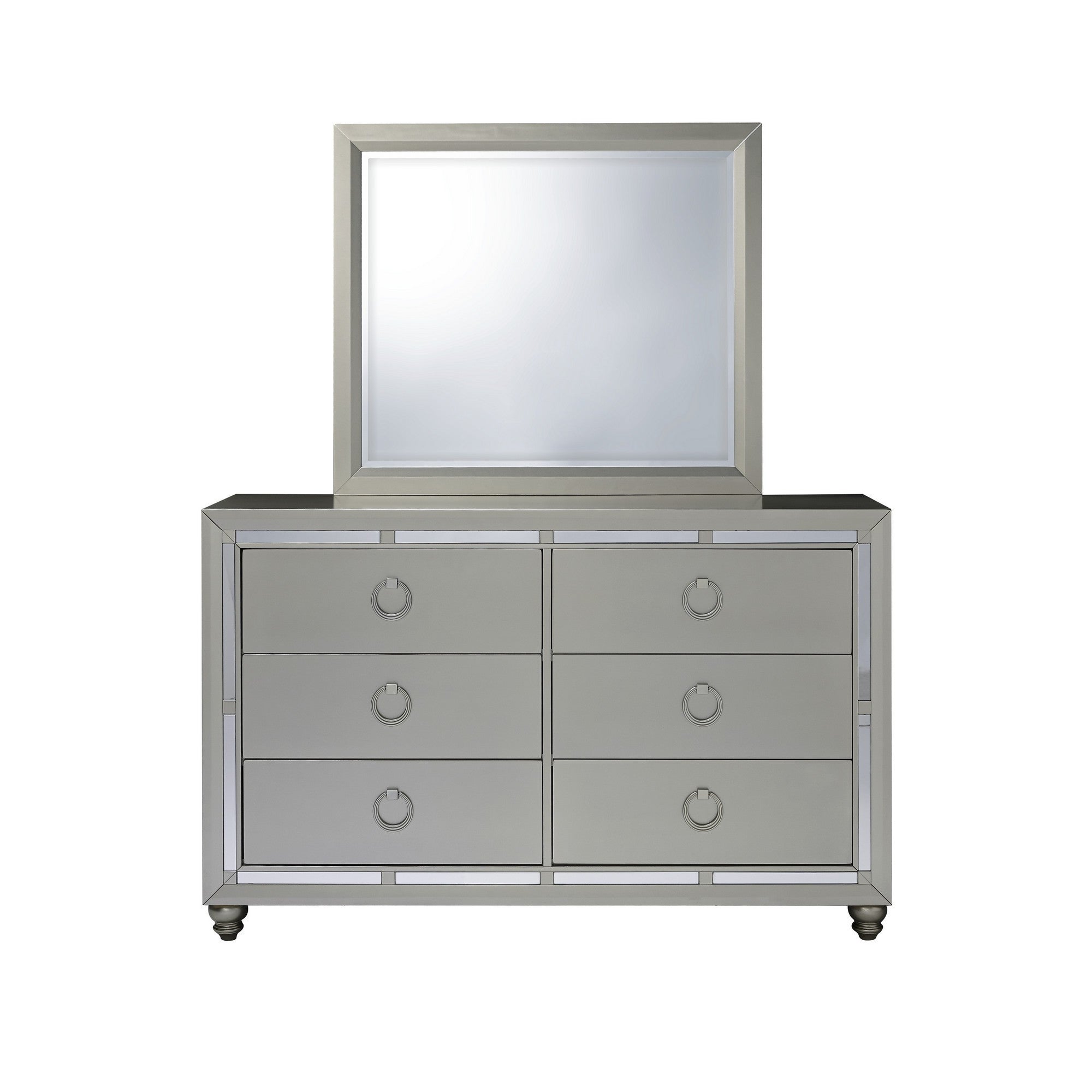 Modern Silver Tone Mirror With Sleek Wood Trim