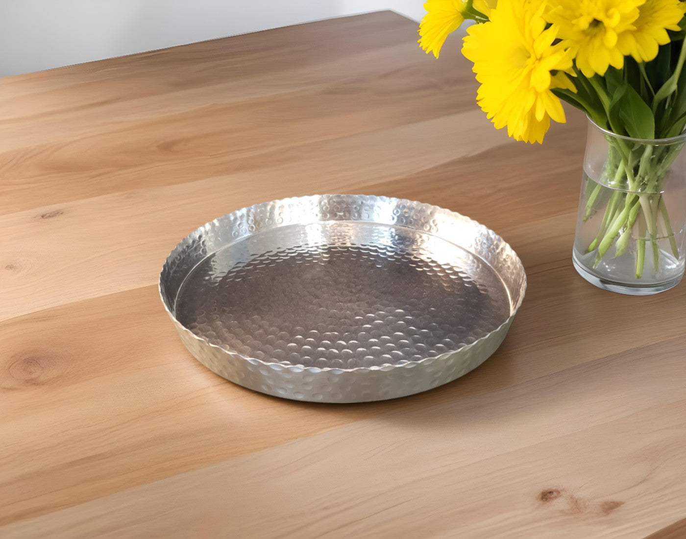 13" Handcrafted Hammered Stainless Steel Round Tray