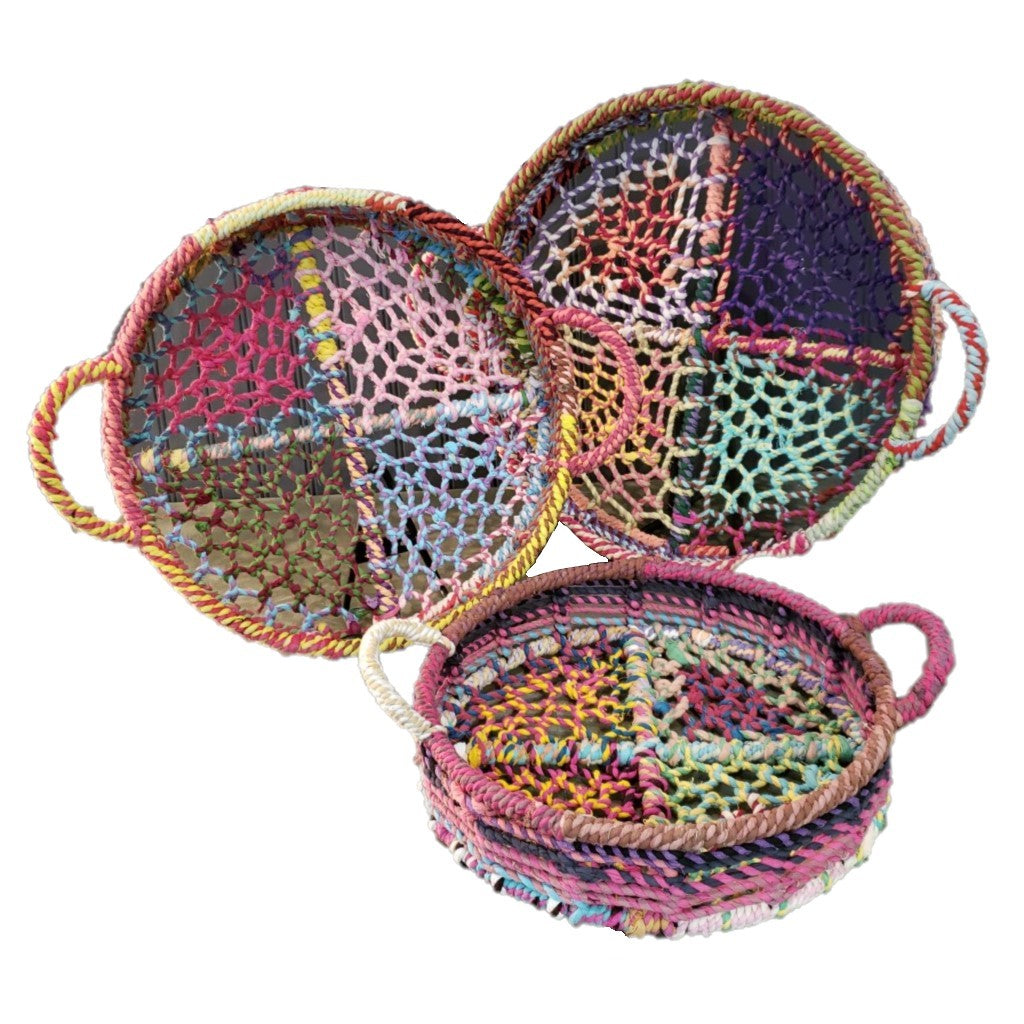 Handmade Set Of 3 Rainbow Round Nesting Jute Trays