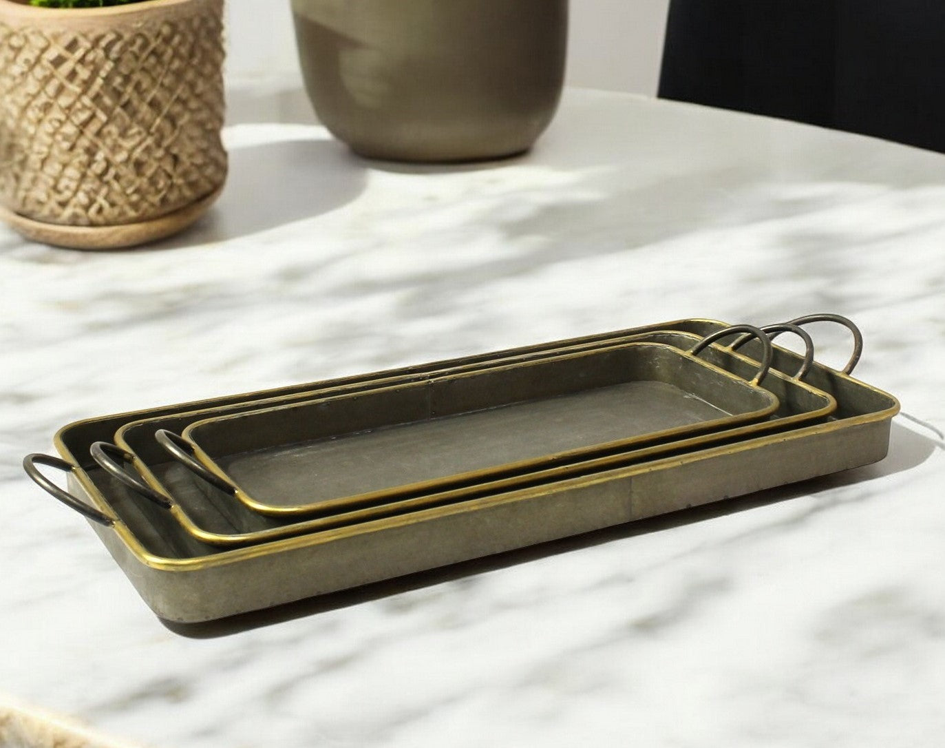 Set of Three Brass and Gray Tin Serving Tray