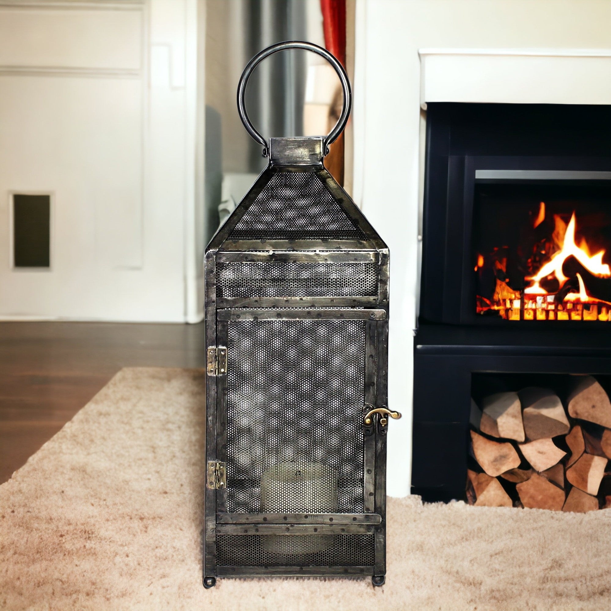 Rustic Industrial Gray Mesh And Metal Lantern