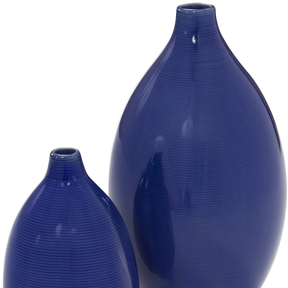 Set Of 2 Deep Indigo Blue Ceramic Bulb Vases