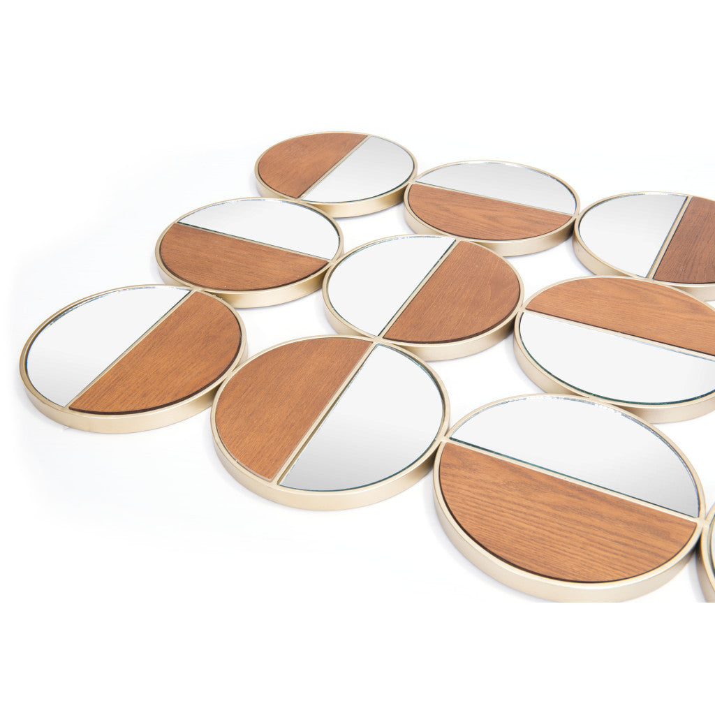 Set of Twelve Gold and Walnut Round Steel Framed Accent Mirror