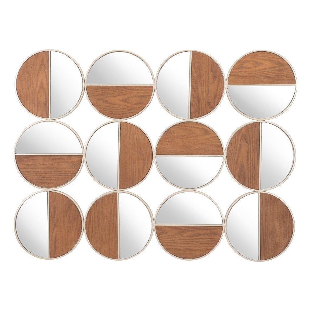 Set of Twelve Gold and Walnut Round Steel Framed Accent Mirror