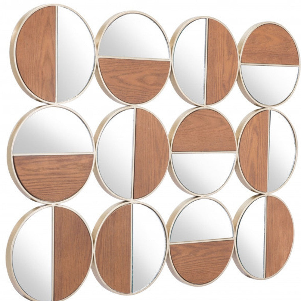 Set of Twelve Gold and Walnut Round Steel Framed Accent Mirror