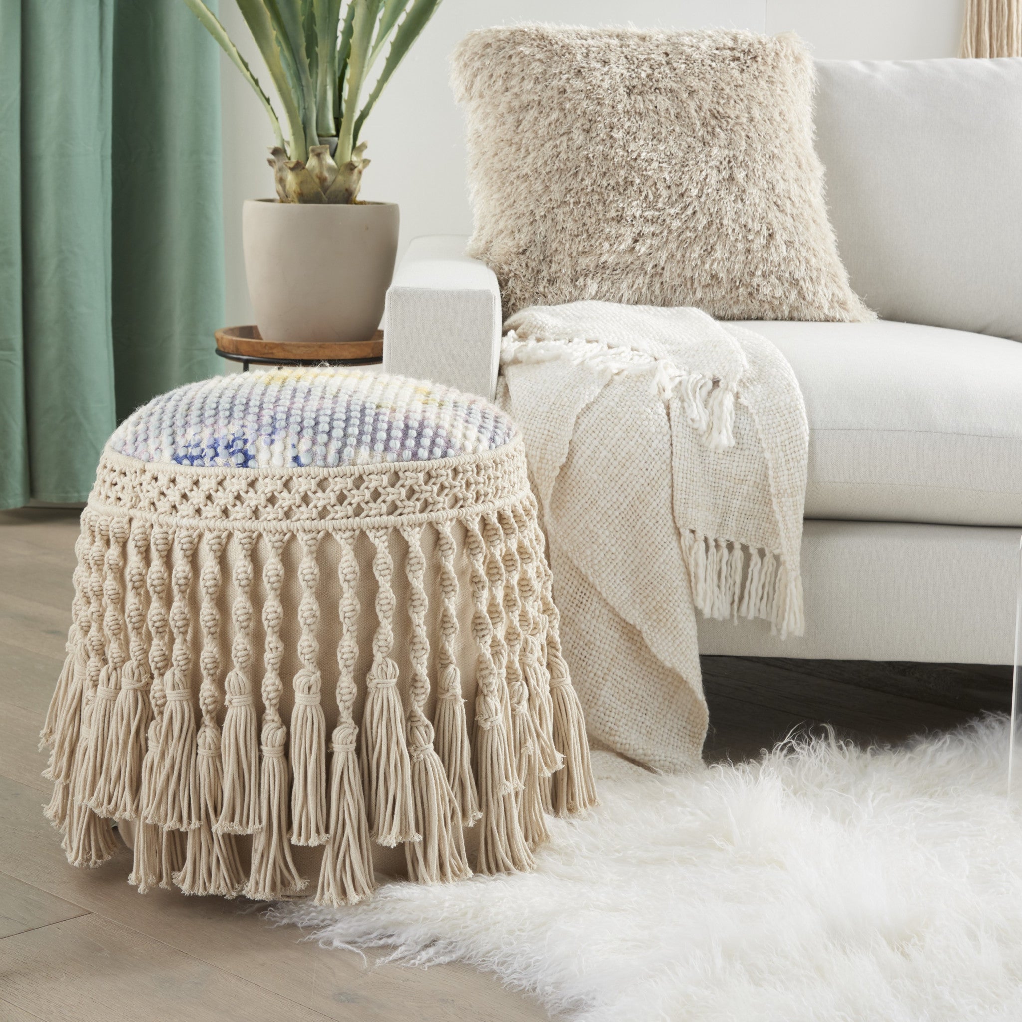 18" Ivory and Blue Cotton Round Abstract Pouf Ottoman