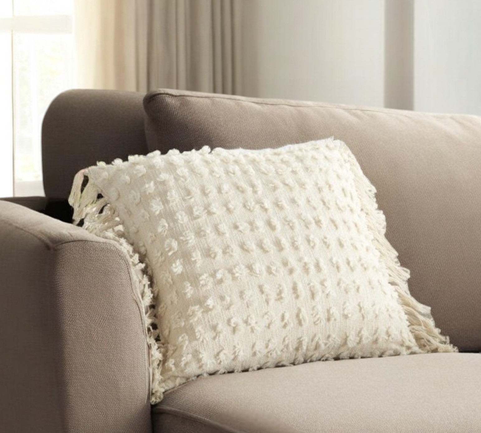 Tassel Detailed White Throw Pillow