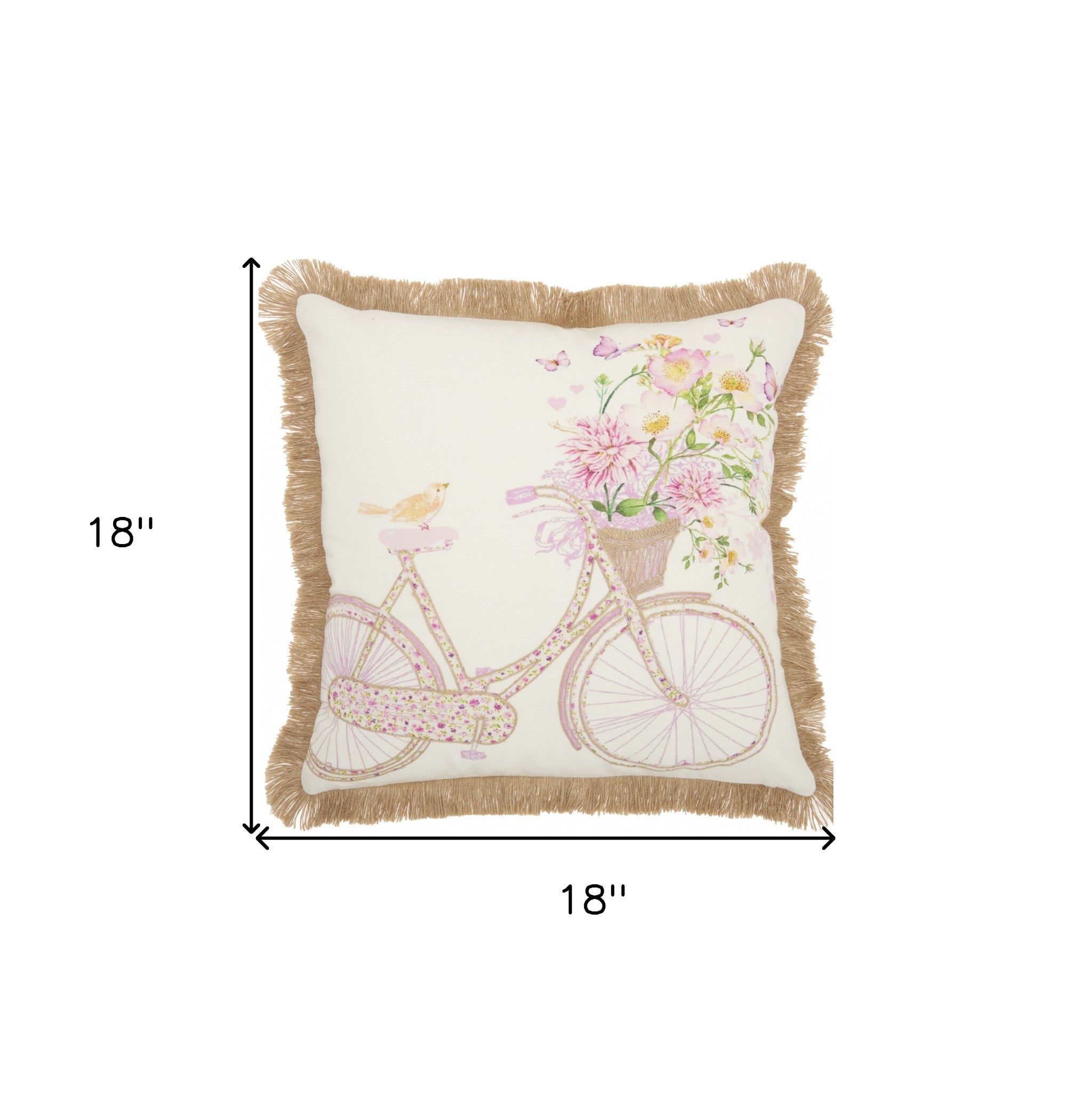 18" Beige and Pink Bicycle and Flowers Indoor Outdoor Throw Pillow With Fringe