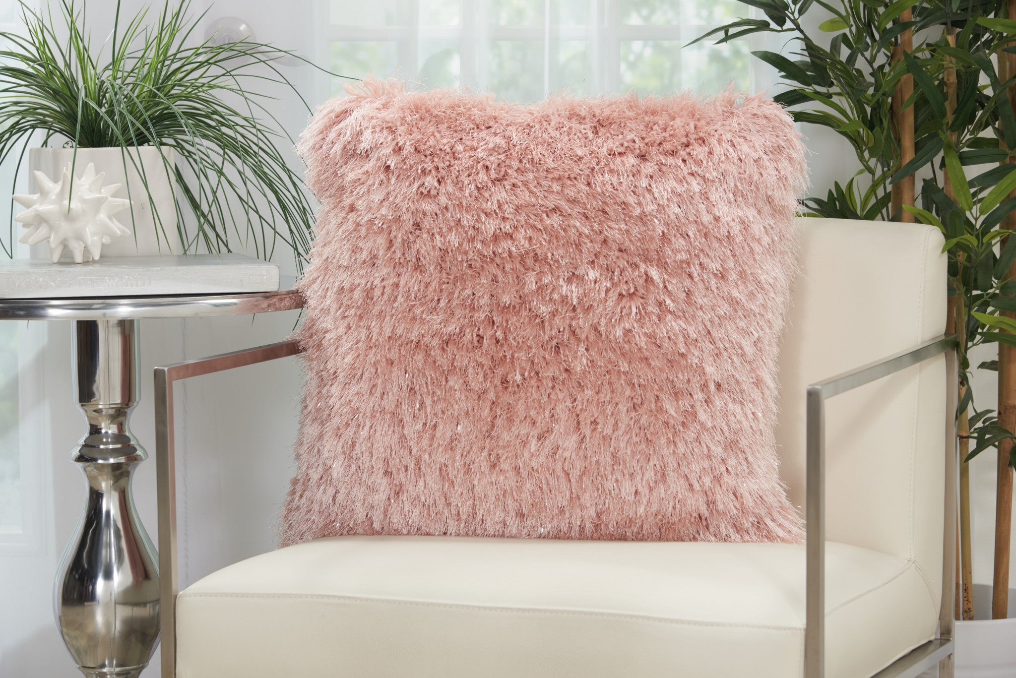 Fluffy Rose Pink Shag Accent Throw Pillow