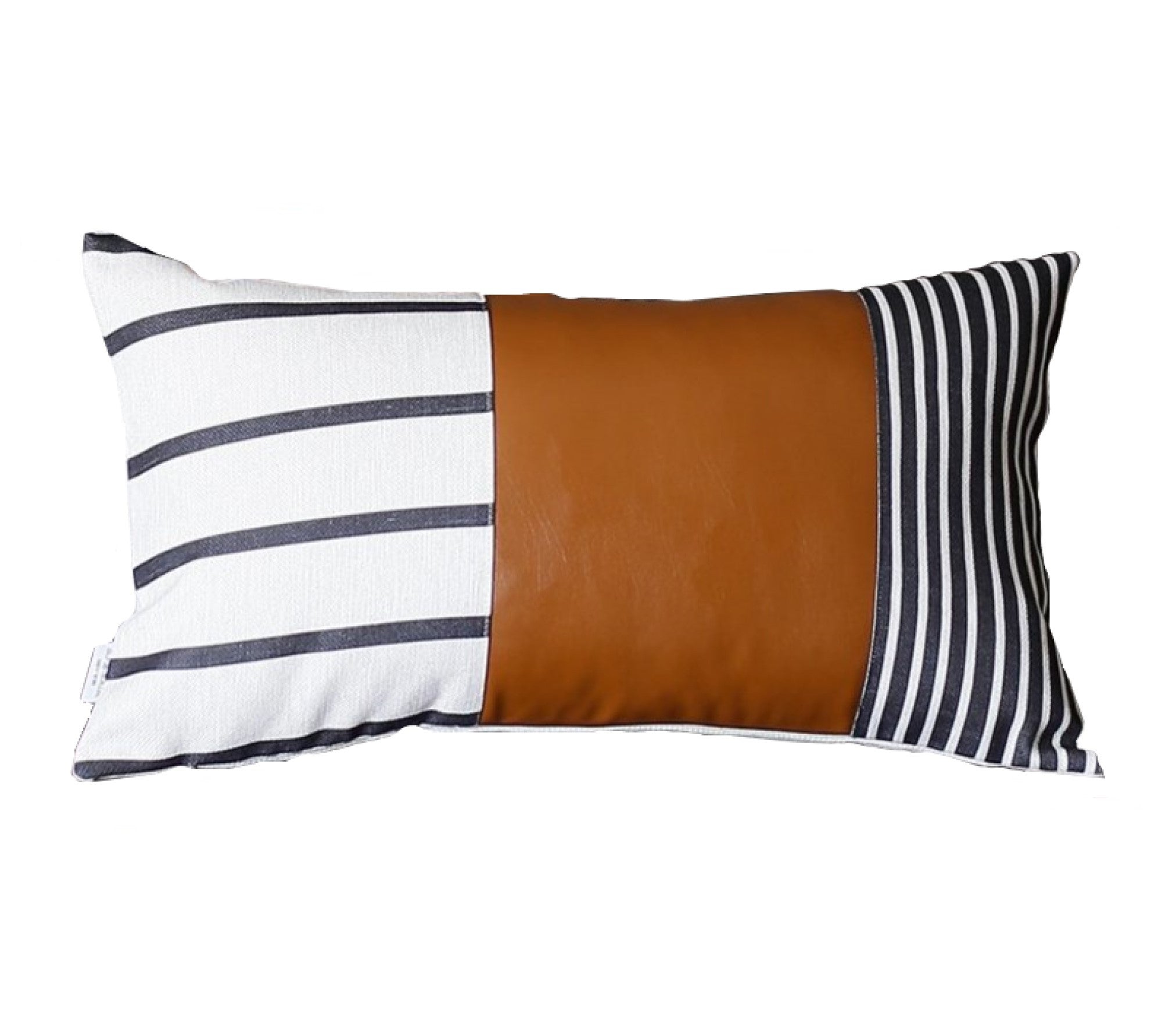 Geometric Brown Faux Leather And Stripes Lumbar Pillow Cover