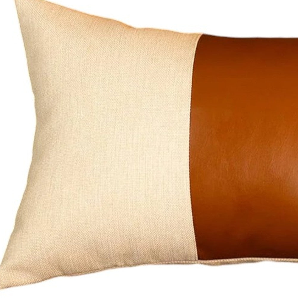 12" X 20" Brown and White Faux Leather Throw Pillow Cover