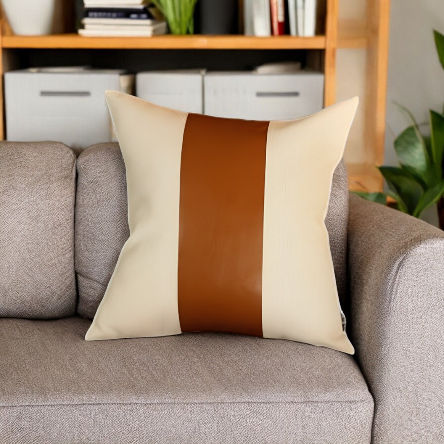 17" Ivory and Brown Striped Polyester and Faux Leather Throw Pillow Cover