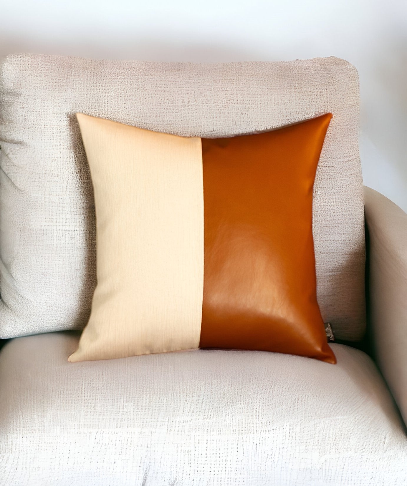 17" Brown and White Faux Leather Throw Pillow Cover