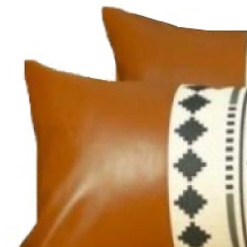 Set Of 2 Diamond Patterned And Brown Faux Leather Lumbar Pillow Covers