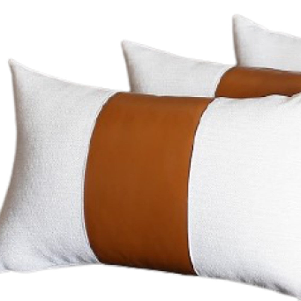 Set Of 4 White And Brown Faux Leather Lumbar Pillow Covers