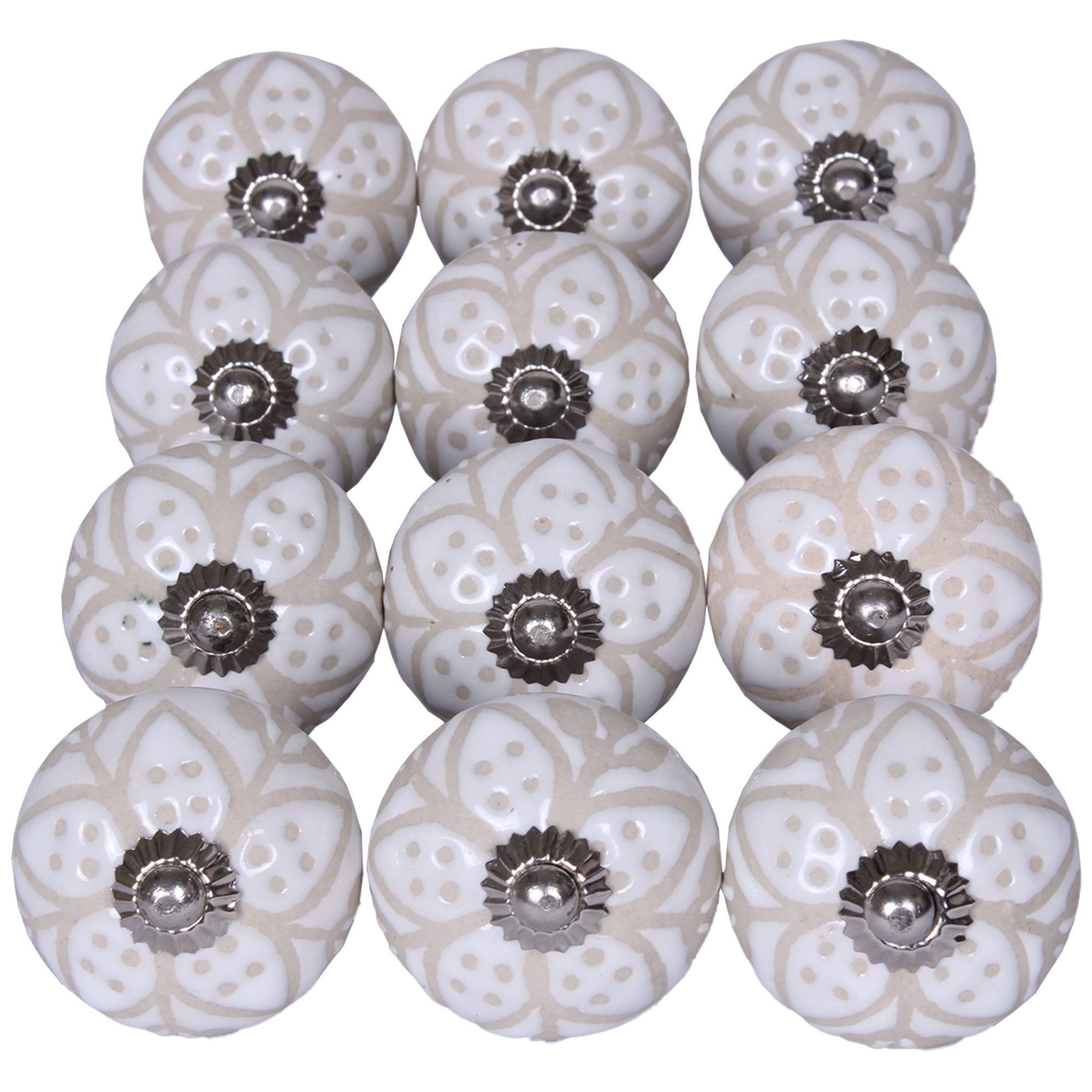 Set Of Twelve Vintage Beige And White Floral Ceramic Knobs