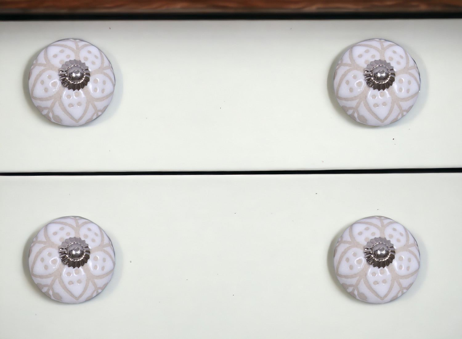 Set Of Twelve Vintage Beige And White Floral Ceramic Knobs