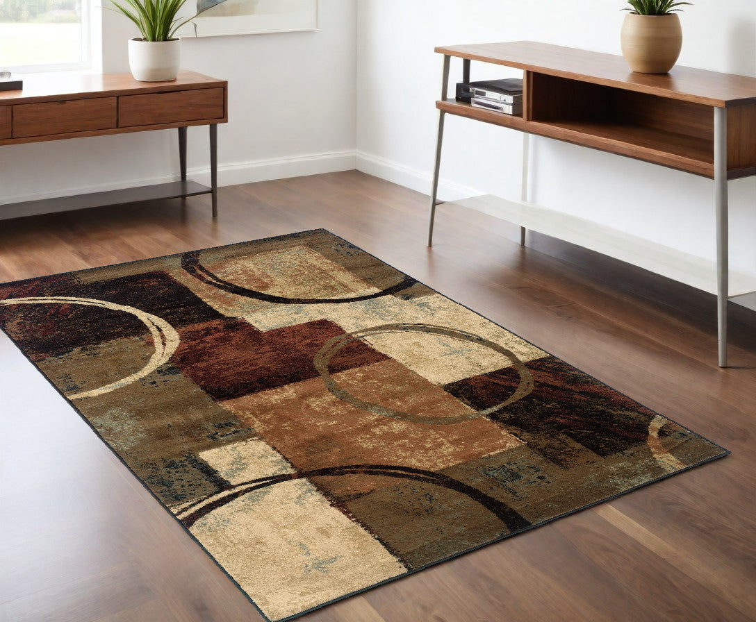 2’ X 8’ Brown And Black Abstract Geometric Runner Rug