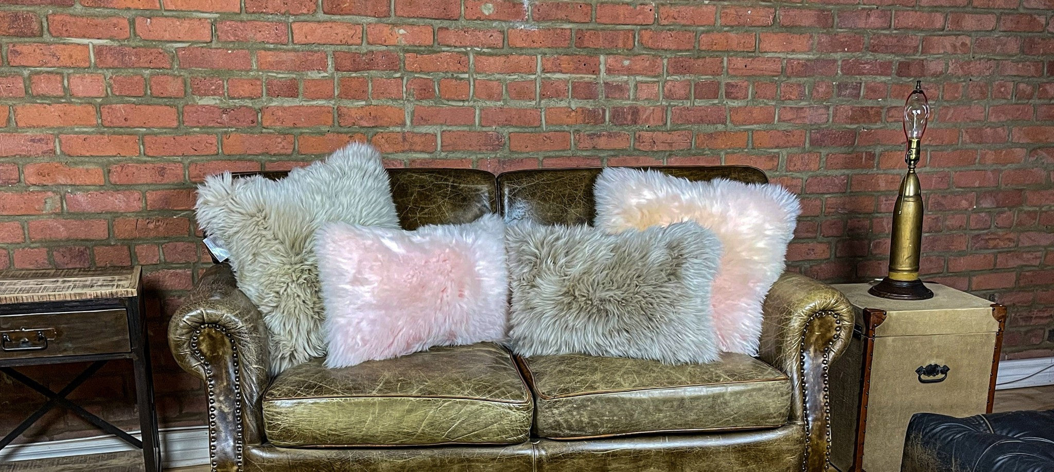 Set Of Two  Blush Natural Sheepskin Square Pillows