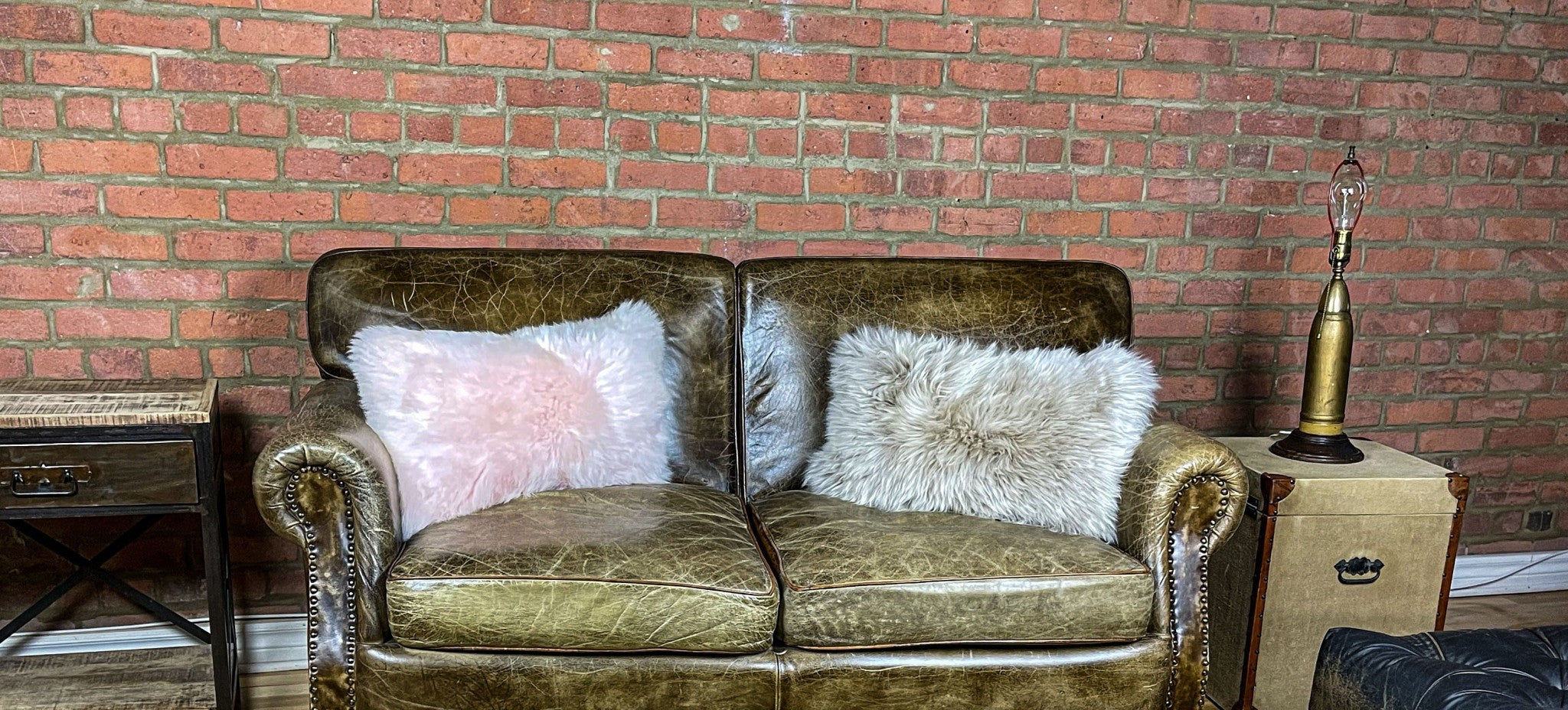 Set of Two 12" X 20" Taupe Sheepskin Lumbar Throw Pillows