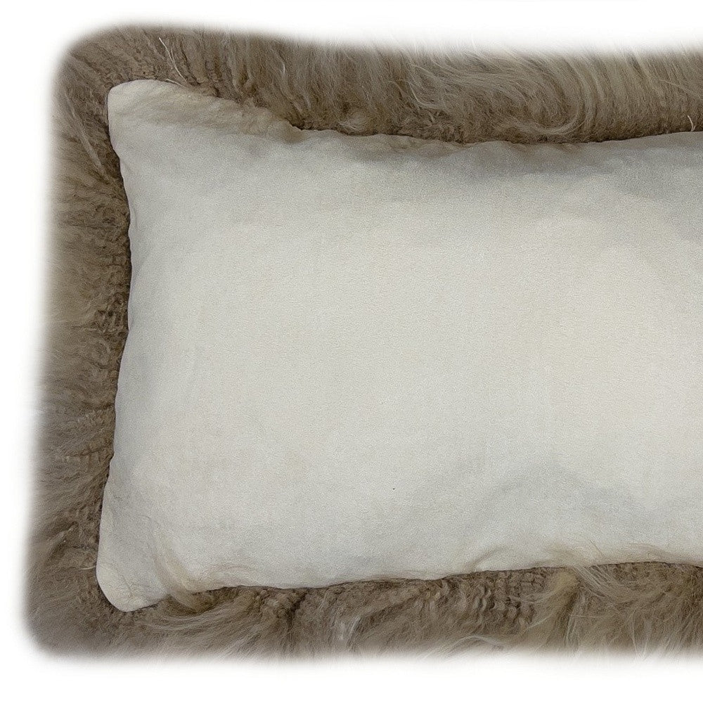 Set of Two 12" X 20" Taupe Sheepskin Lumbar Throw Pillows