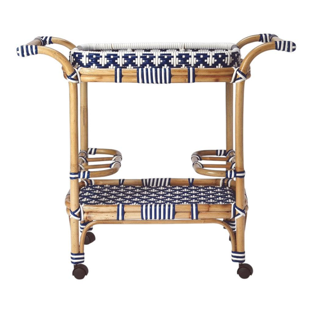 Blue And White Rattan Bar Cart