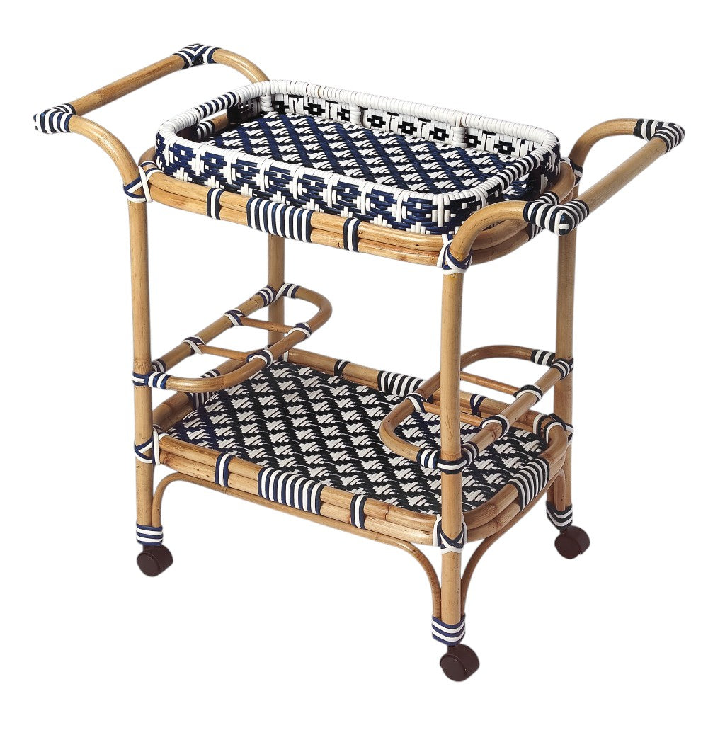 Blue And White Rattan Bar Cart