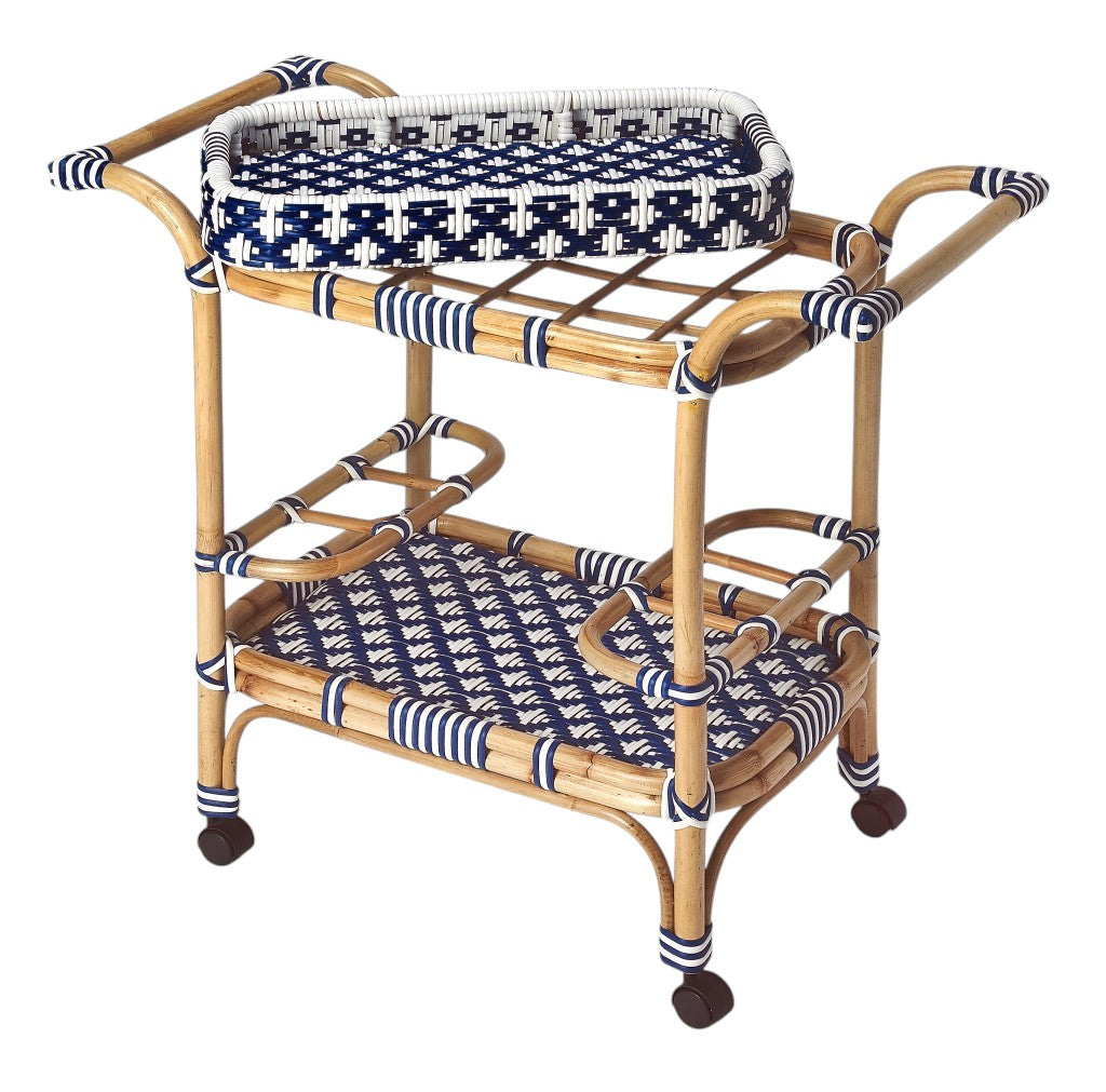 Blue And White Rattan Bar Cart