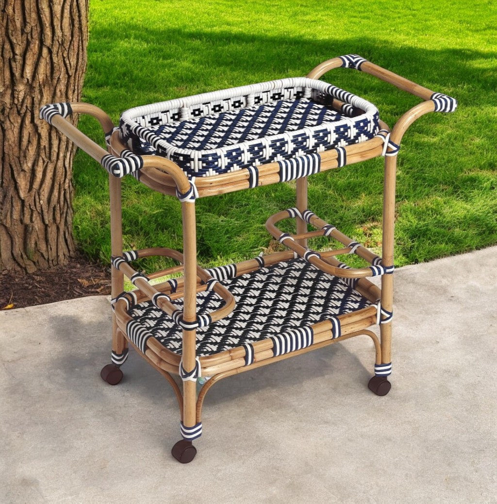 Blue And White Rattan Bar Cart