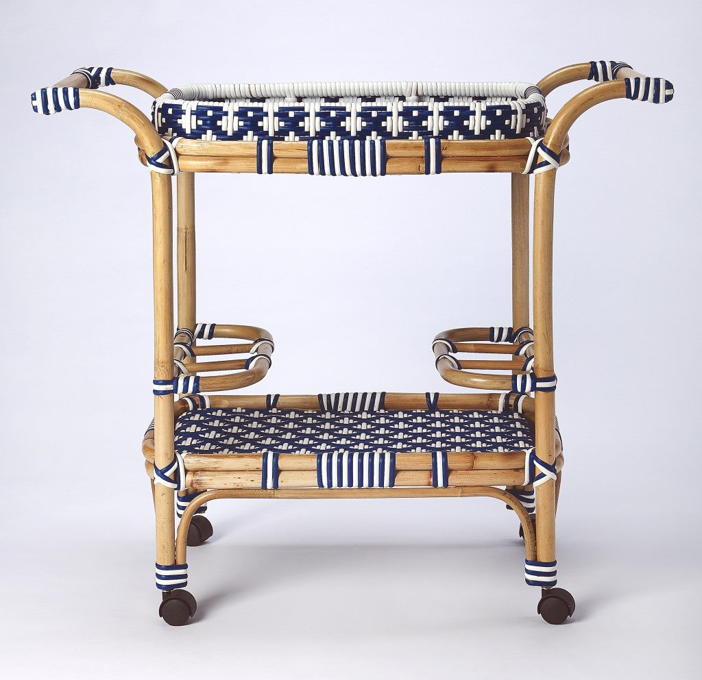 Blue And White Rattan Bar Cart