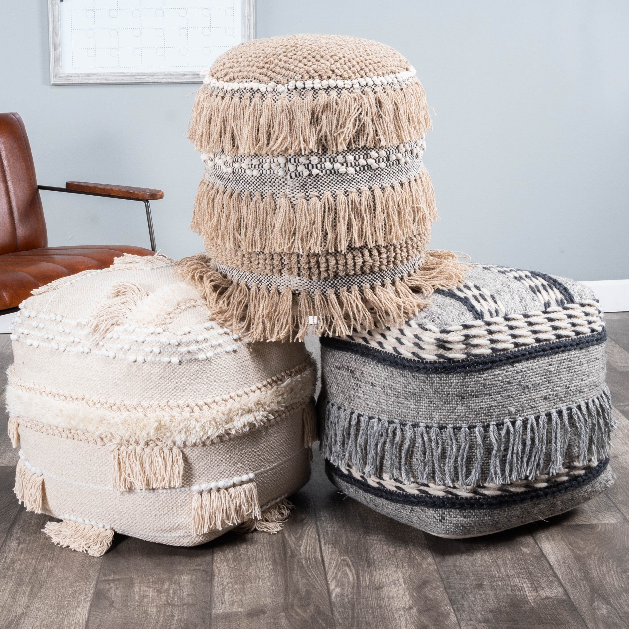 18" Beige Round Pouf Ottoman